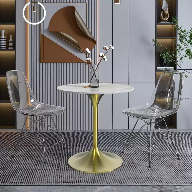 Table à manger ronde LeisureMod Verve 27 - Plateau en pierre frittée avec piédestal doré brossé, table d'appoint pour cuisine et maison