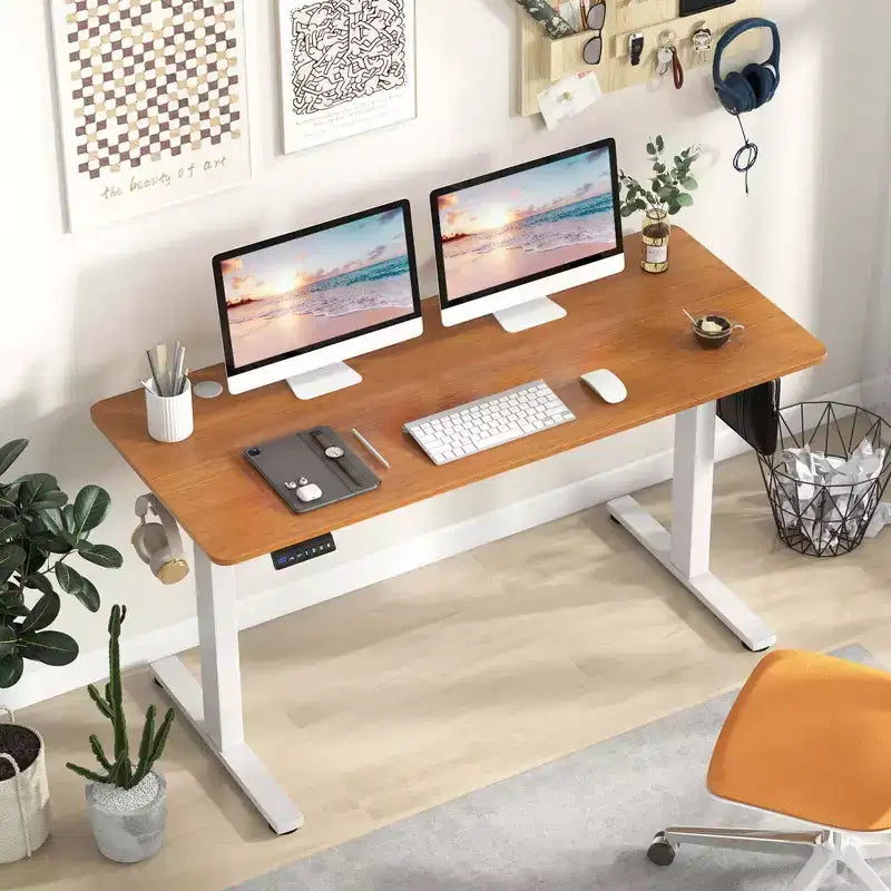 Bureau électrique debout Costway 55 x 24 avec 3 réglages de hauteur mémorisables et 2 crochets marron/naturel/blanc