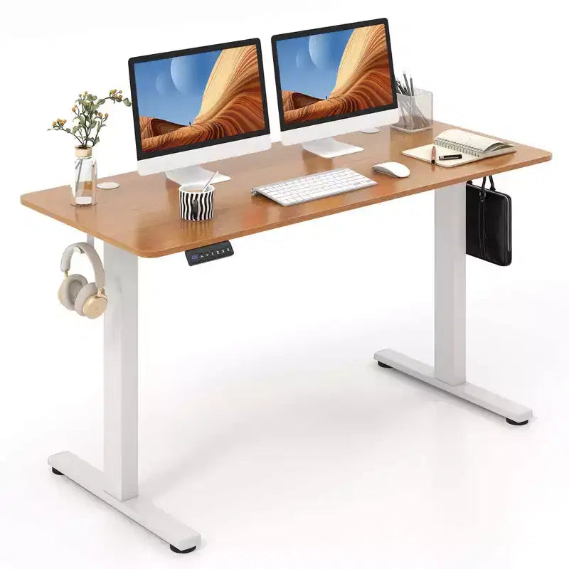 Bureau électrique debout Costway 55 x 24 avec 3 réglages de hauteur mémorisables et 2 crochets marron/naturel/blanc
