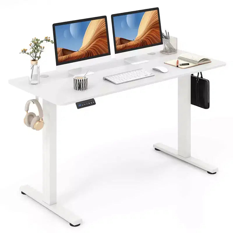 Bureau électrique debout Costway 55 x 24 avec 3 réglages de hauteur mémorisables et 2 crochets marron/naturel/blanc