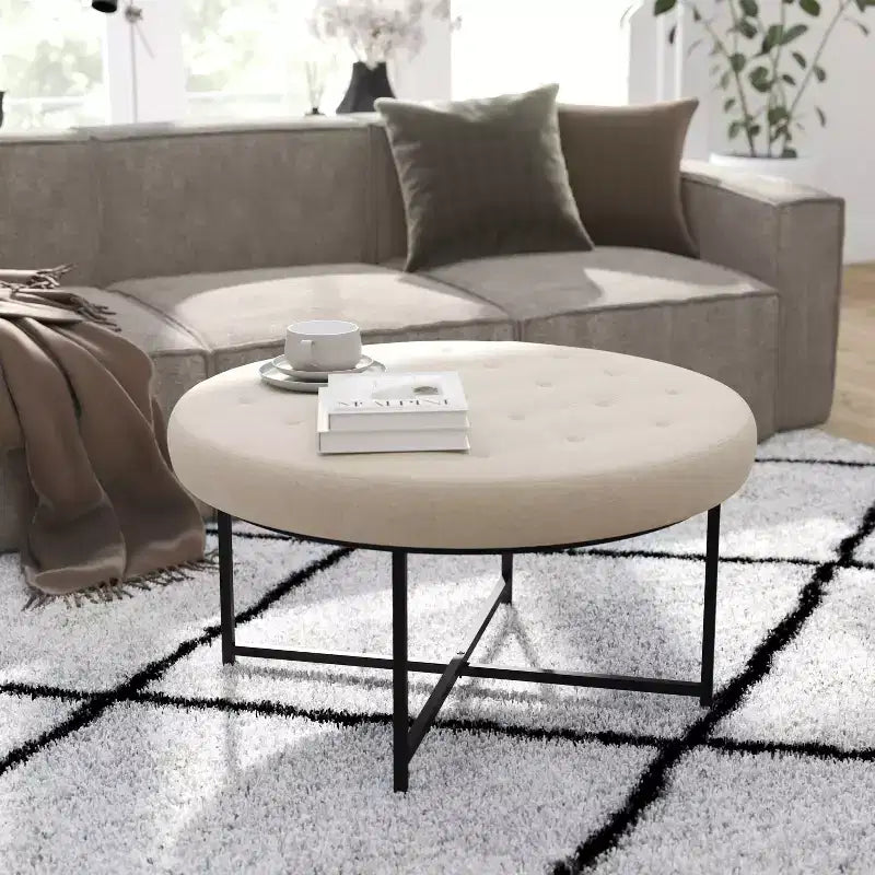 Pouf rond Merrick Lane de 34 pouces en coton et lin capitonné avec cadre en métal durable