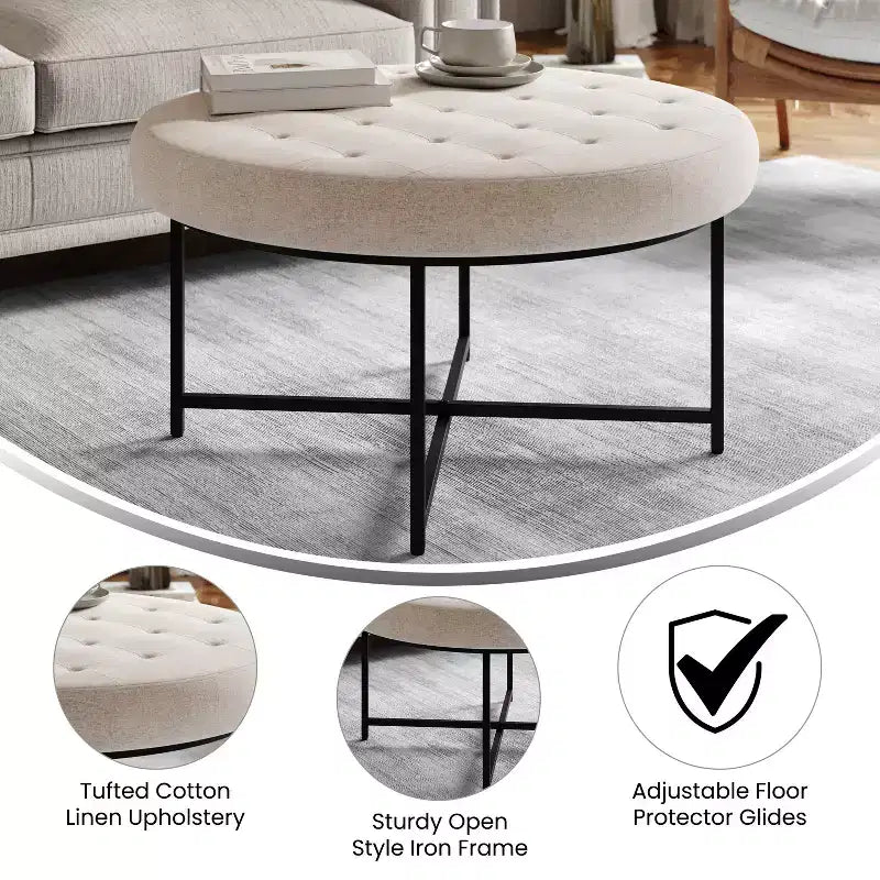 Pouf rond Merrick Lane de 34 pouces en coton et lin capitonné avec cadre en métal durable