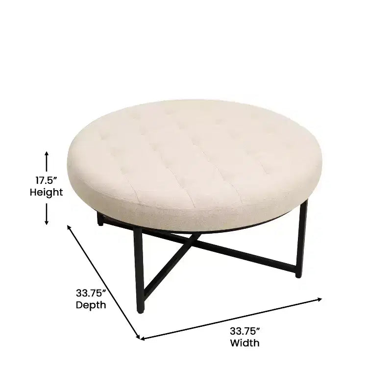 Pouf rond Merrick Lane de 34 pouces en coton et lin capitonné avec cadre en métal durable
