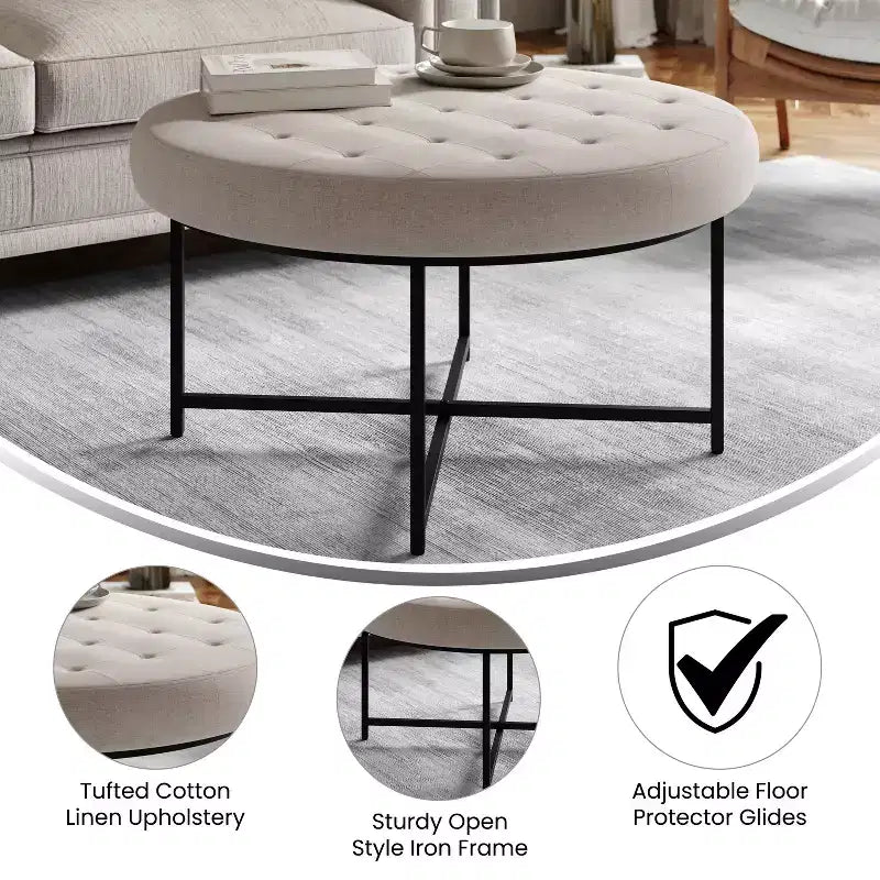 Pouf rond Merrick Lane de 34 pouces en coton et lin capitonné avec cadre en métal durable