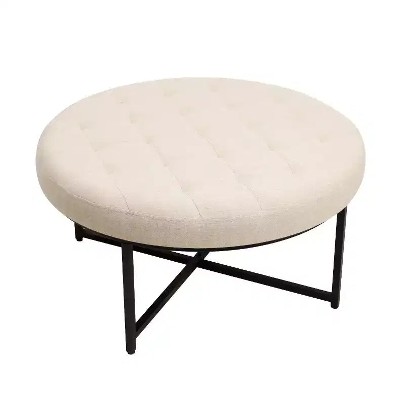 Pouf rond Merrick Lane de 34 pouces en coton et lin capitonné avec cadre en métal durable