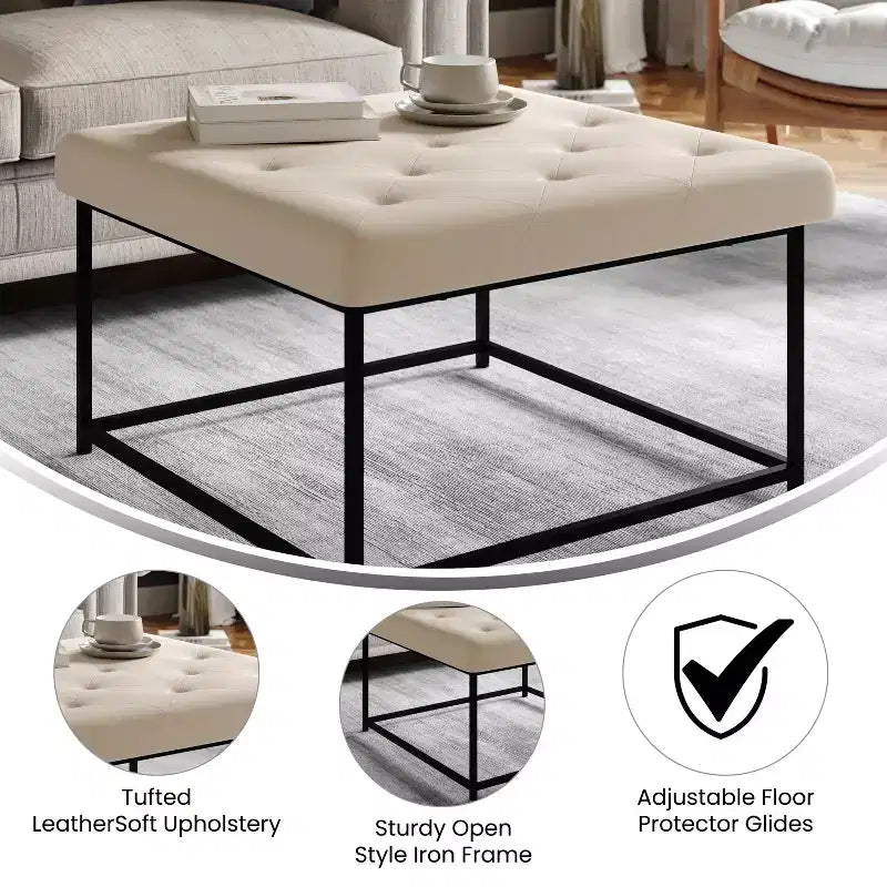 Pouf carré Emma et Oliver de 76 cm en similicuir capitonné avec structure en fer robuste