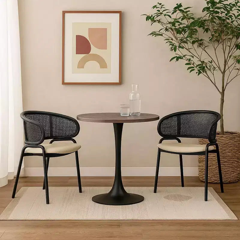 Table à manger ronde LeisureMod Bristol de 36 pouces, style milieu de siècle, plateau en MDF avec base piédestal en fer noir, table d'appoint pour cuisine, salle à manger ou café
