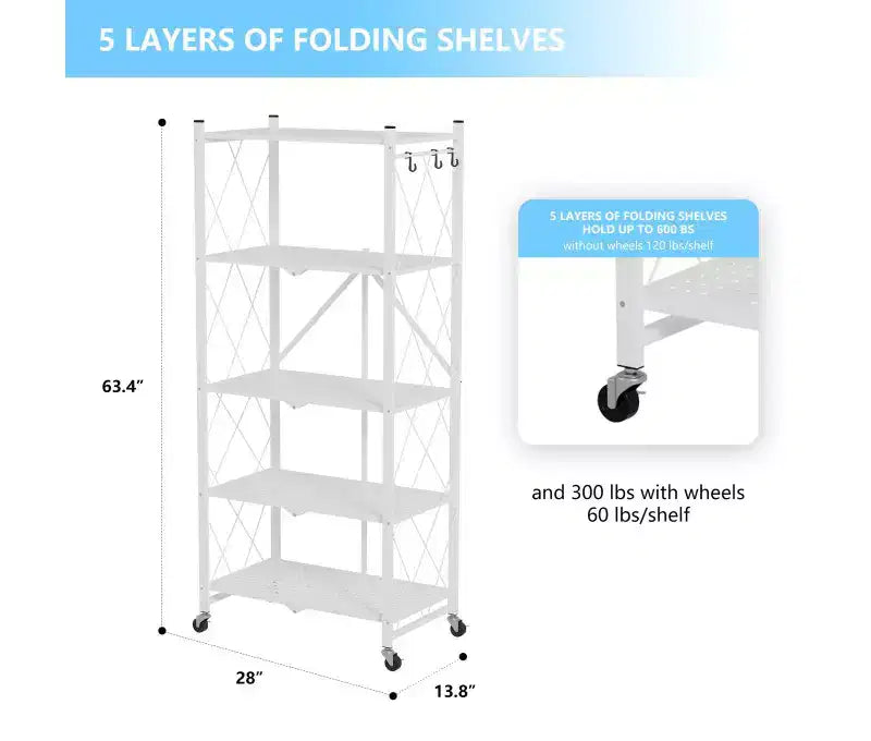 Étagère de Rangement Pliable à 5 Niveaux avec Roues Verrouillables 272 kg Capacité Unité de Rayonnage Métallique, Blanche