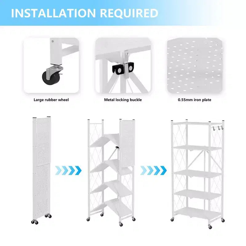 Étagère de Rangement Pliable à 5 Niveaux avec Roues Verrouillables 272 kg Capacité Unité de Rayonnage Métallique, Blanche