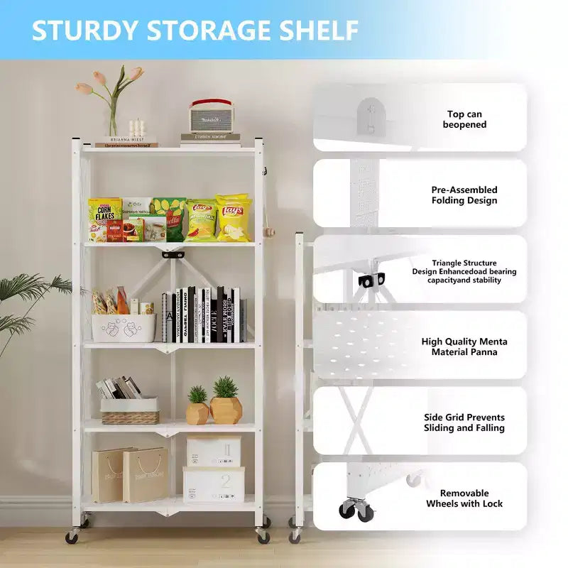 Étagère de Rangement Pliable à 5 Niveaux avec Roues Verrouillables 272 kg Capacité Unité de Rayonnage Métallique, Blanche