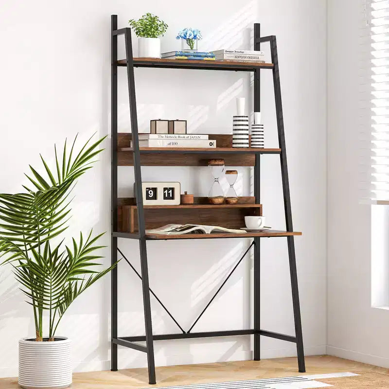 Bureau échelle Costway 71'' avec étagères ouvertes, bureau d'ordinateur à 3 niveaux marron