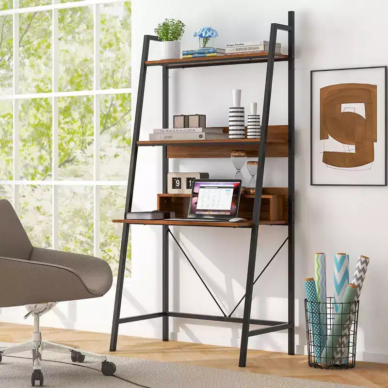 Bureau échelle Costway 71'' avec étagères ouvertes, bureau d'ordinateur à 3 niveaux marron