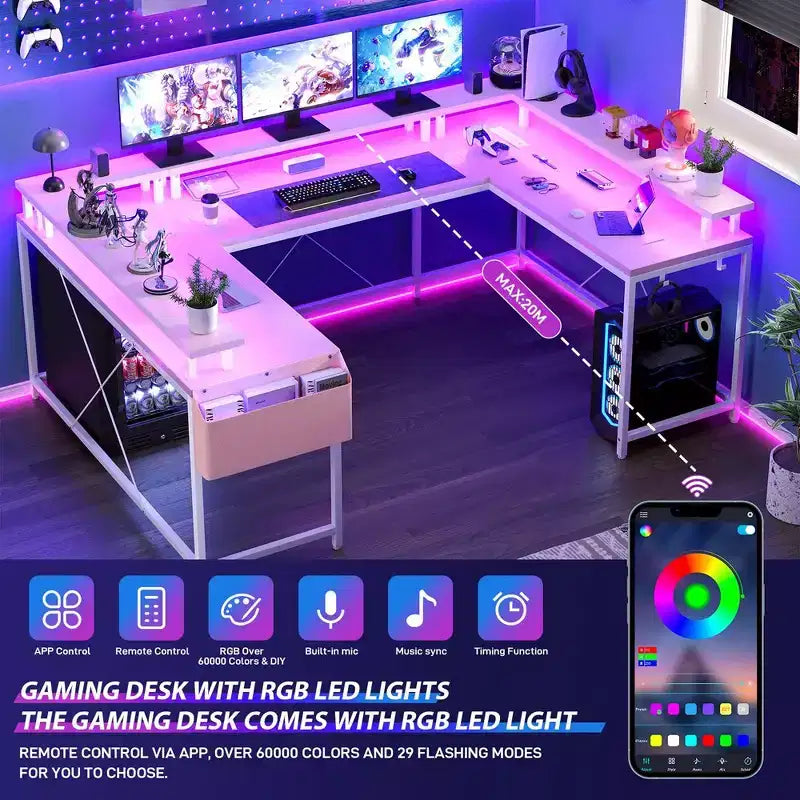 Bureau d'angle en U pour gamer, bureau en L réversible avec prises de courant