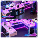 Bureau d'angle en U pour gamer, bureau en L réversible avec prises de courant
