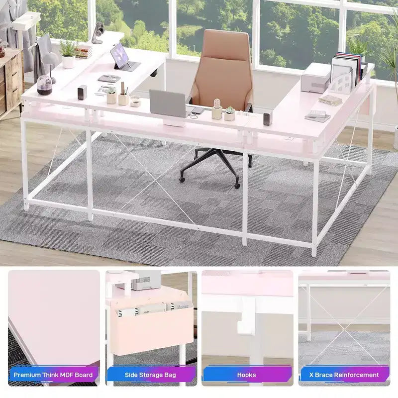 Bureau d'angle en U pour gamer, bureau en L réversible avec prises de courant