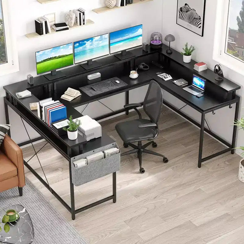 Bureau d'angle en U pour gamer, bureau en L réversible avec prises de courant