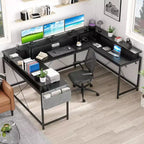Bureau d'angle en U pour gamer, bureau en L réversible avec prises de courant