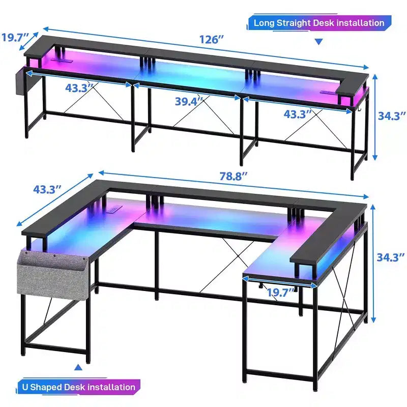 Bureau d'angle en U pour gamer, bureau en L réversible avec prises de courant