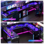Bureau d'angle en U pour gamer, bureau en L réversible avec prises de courant