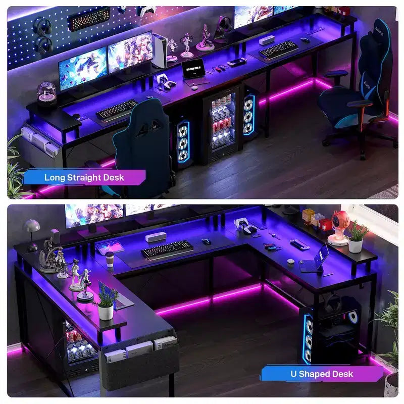 Bureau d'angle en U pour gamer, bureau en L réversible avec prises de courant