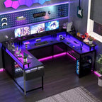 Bureau d'angle en U pour gamer, bureau en L réversible avec prises de courant