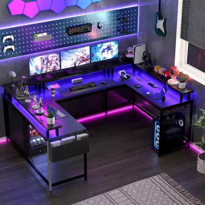 Bureau d'angle en U pour gamer, bureau en L réversible avec prises de courant