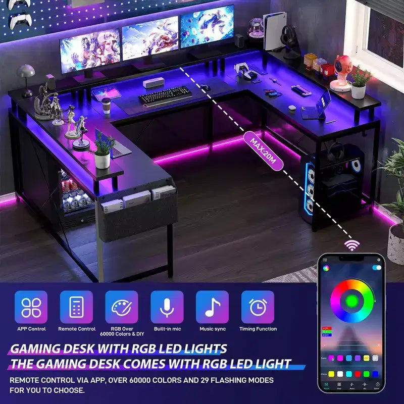 Bureau d'angle en U pour gamer, bureau en L réversible avec prises de courant