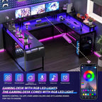 Bureau d'angle en U pour gamer, bureau en L réversible avec prises de courant