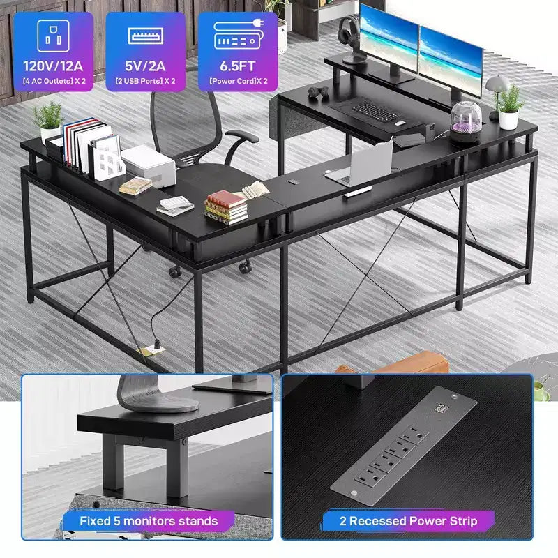 Bureau d'angle en U pour gamer, bureau en L réversible avec prises de courant