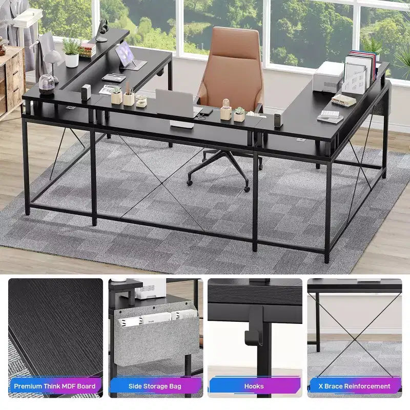 Bureau d'angle en U pour gamer, bureau en L réversible avec prises de courant