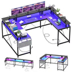 Bureau d'angle en U pour gamer, bureau en L réversible avec prises de courant