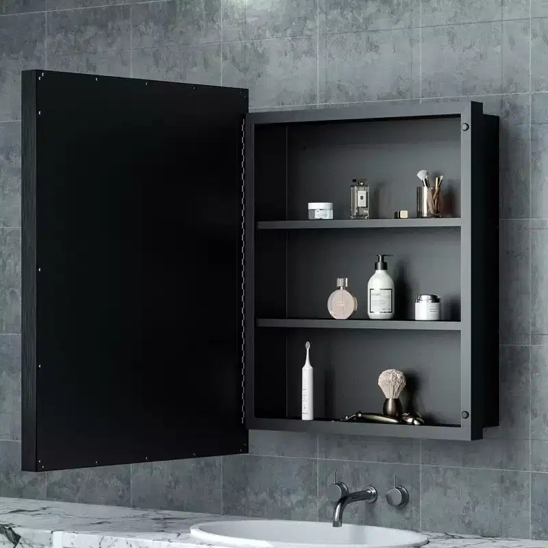 Keonjinn 21 po l. x 27 po H Armoire à pharmacie noire encastrable/en saillie avec miroir et cadre métallique rectangulaire, noir