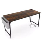Bureau d'ordinateur moderne Costway 60 avec station de recharge, sac de rangement et crochet pour casque, marron