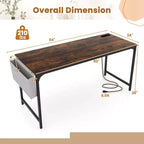 Bureau d'ordinateur moderne Costway 60 avec station de recharge, sac de rangement et crochet pour casque, marron