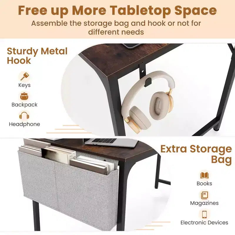 Bureau d'ordinateur moderne Costway 60 avec station de recharge, sac de rangement et crochet pour casque, marron
