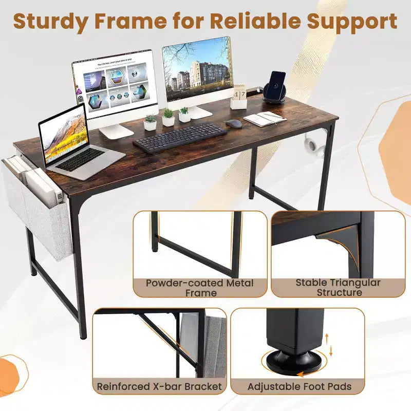 Bureau d'ordinateur moderne Costway 60 avec station de recharge, sac de rangement et crochet pour casque, marron