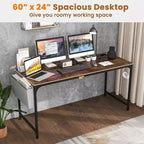 Bureau d'ordinateur moderne Costway 60 avec station de recharge, sac de rangement et crochet pour casque, marron