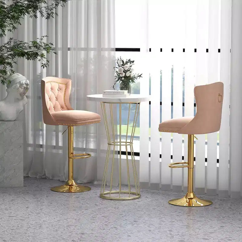 Costway Lot de 2 chaises de bar en velours hollandais, tabourets de bar avec repose-pieds, base en métal, anneau antidérapant, rose/beige/gris