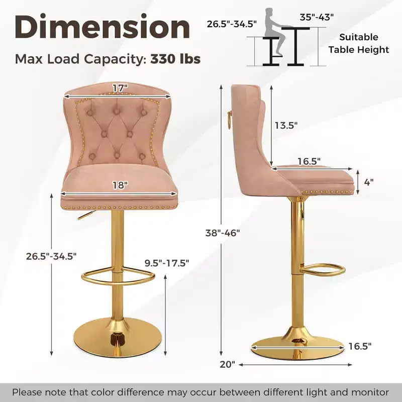 Costway Lot de 2 chaises de bar en velours hollandais, tabourets de bar avec repose-pieds, base en métal, anneau antidérapant, rose/beige/gris