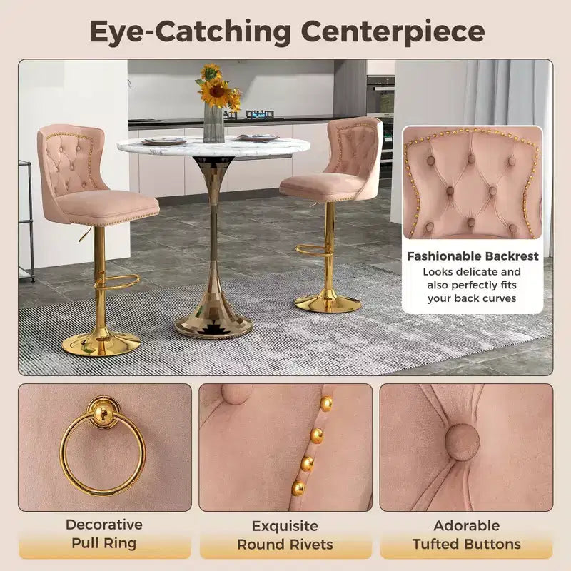 Costway Lot de 2 chaises de bar en velours hollandais, tabourets de bar avec repose-pieds, base en métal, anneau antidérapant, rose/beige/gris