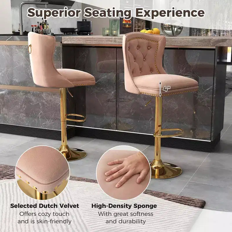 Costway Lot de 2 chaises de bar en velours hollandais, tabourets de bar avec repose-pieds, base en métal, anneau antidérapant, rose/beige/gris
