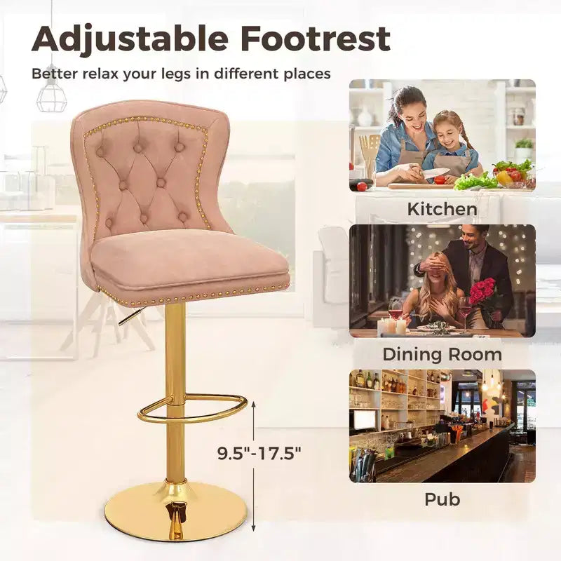 Costway Lot de 2 chaises de bar en velours hollandais, tabourets de bar avec repose-pieds, base en métal, anneau antidérapant, rose/beige/gris