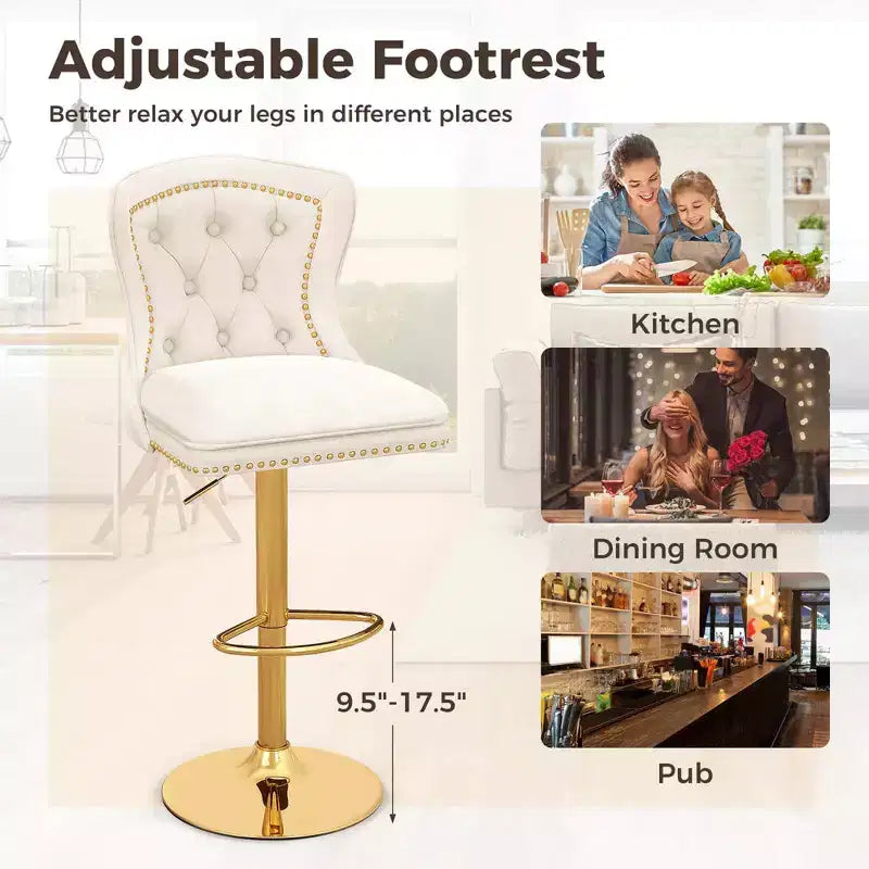 Costway Lot de 2 chaises de bar en velours hollandais, tabourets de bar avec repose-pieds, base en métal, anneau antidérapant, rose/beige/gris
