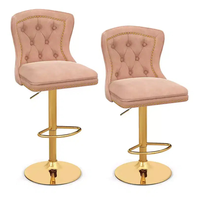 Costway Lot de 2 chaises de bar en velours hollandais, tabourets de bar avec repose-pieds, base en métal, anneau antidérapant, rose/beige/gris