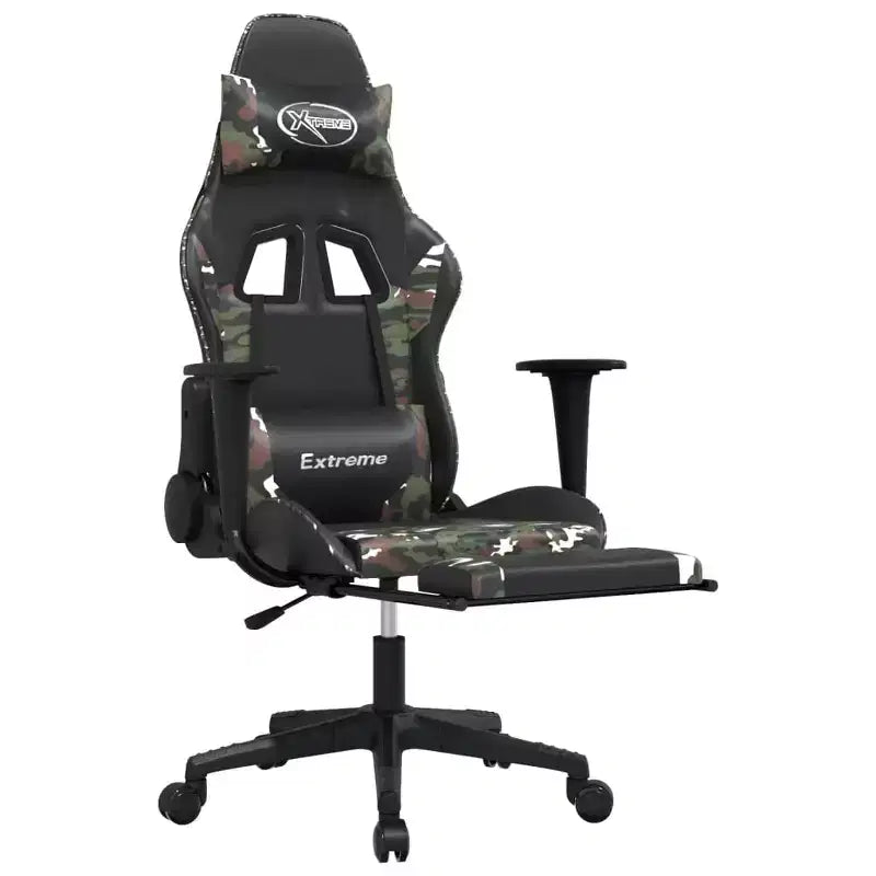 vidaXL Chaise de jeu réglable avec repose-pieds - Noir et camouflage, siège rembourré en similicuir, cadre robuste, design pivotant à 360°