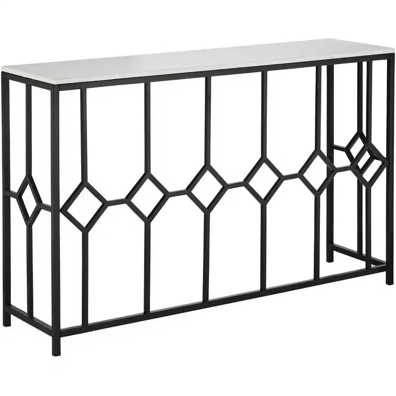 55 Downing Street Addy Modern Iron Rectangular Console Table 52 1/4 x 14 Black Geometrical White Stone Tabletop for Living Room