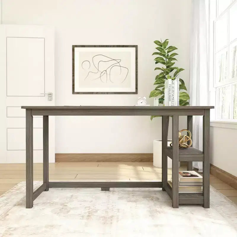Bureau en bois massif Planche+Poutre avec étagères pour ordinateur, jeux, études, bureau pour la maison, 55