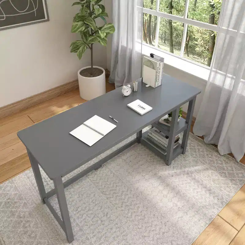 Bureau en bois massif Planche+Poutre avec étagères pour ordinateur, jeux, études, bureau pour la maison, 55