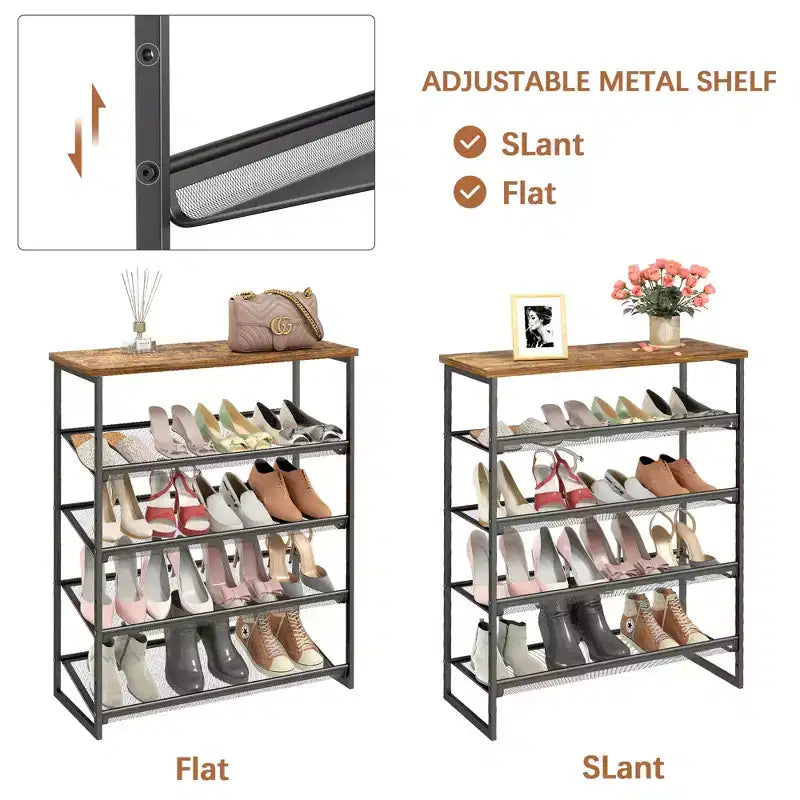 Meuble à chaussures 5 niveaux de style industriel avec étagères réglables pour entrée, placard, couloir