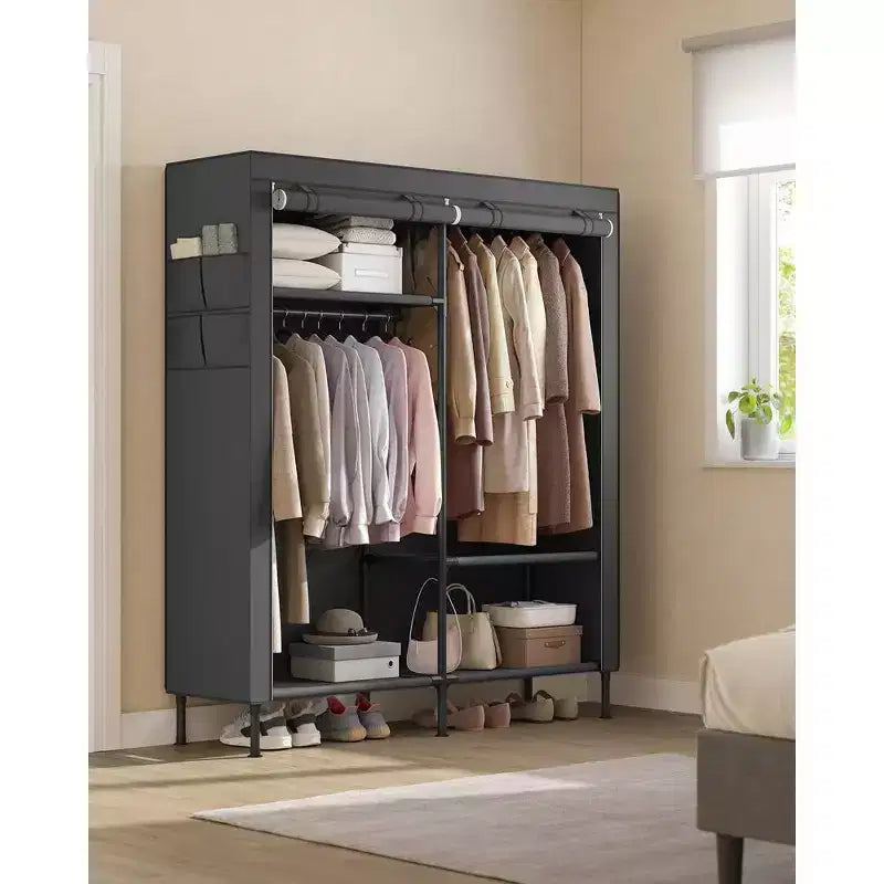 SONGMICS Armoire de penderie, 165 cm, Robuste, Portable, Organisateur de penderie autonome, Portant à vêtements avec housse, 2 tringles de suspension, Noir